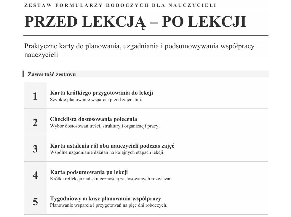 Karty planowania i współpracy nauczycieli przed zajęciami i po ich zakończeniu