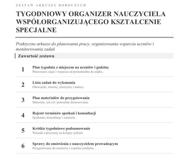 Tyogdniowy organizer nauczyciela współorganizującego kształcenie specjalne