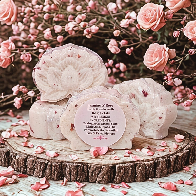 Four 2‑ounce bath bombs in a jasmine and rose scent, made at a 2% dilution