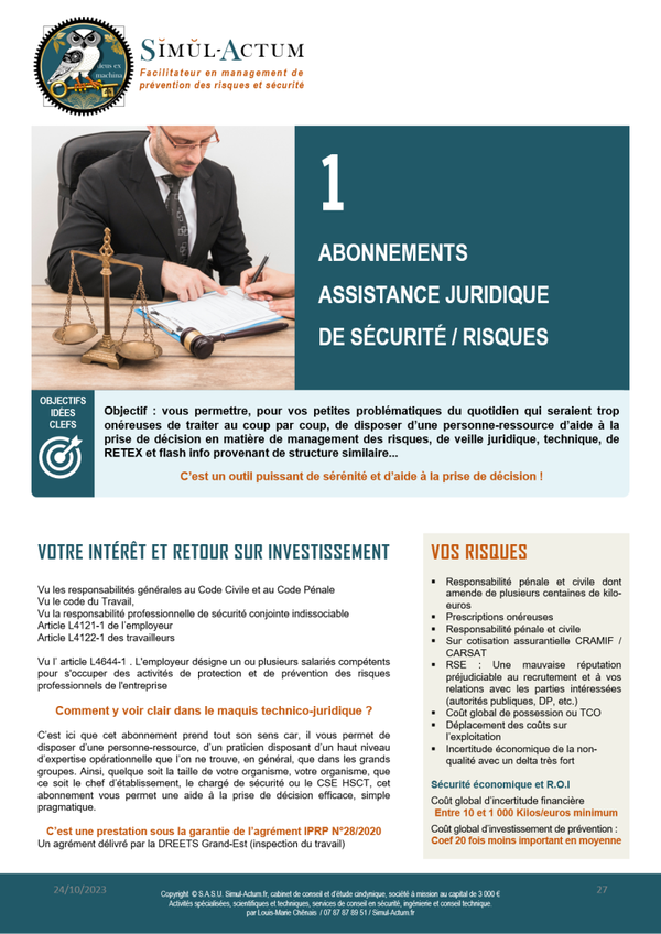 Abonnements assistance juridique de sécurité / risques