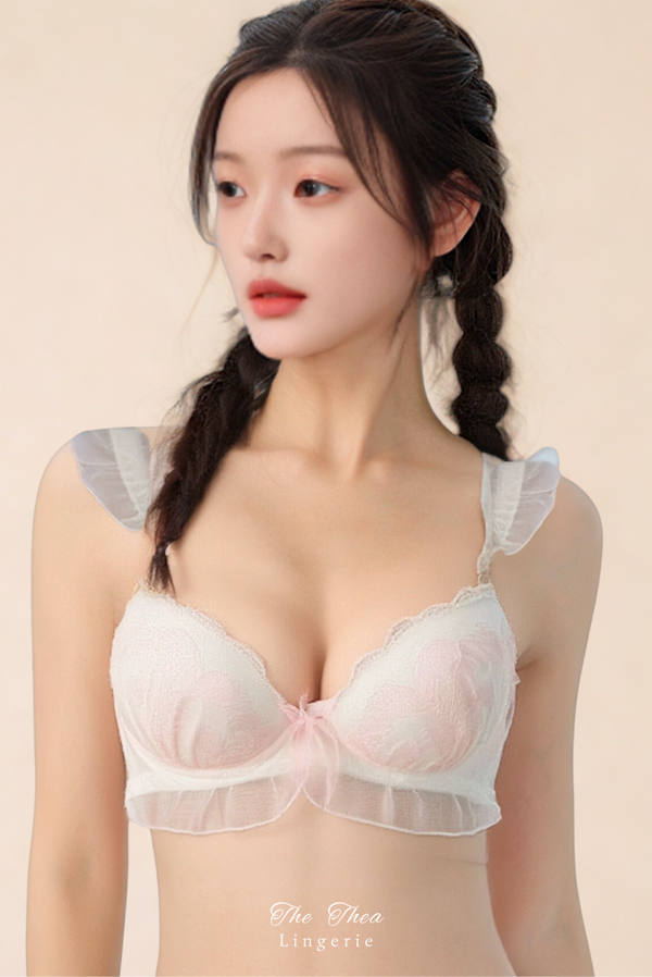 Ruffle Sleeve Embroidered Sexy Cute Thin Cup Push-Up Underwired Bra Set