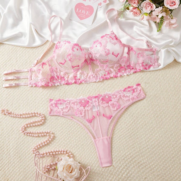 Lace Floral Embroidery Sexy Sheer Balconette Bra Set
