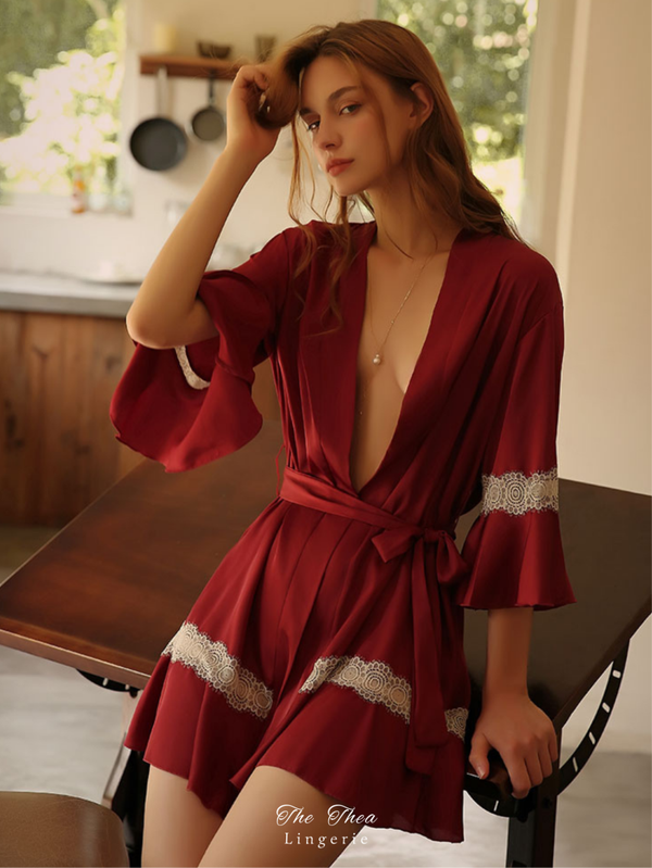 Sexy Deep V Lace Ruffled Short Robe