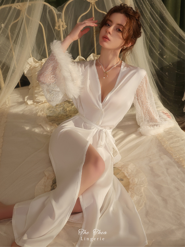 "The Swan" Sexy Lace Sleeve Feathered Cuff Long Robe