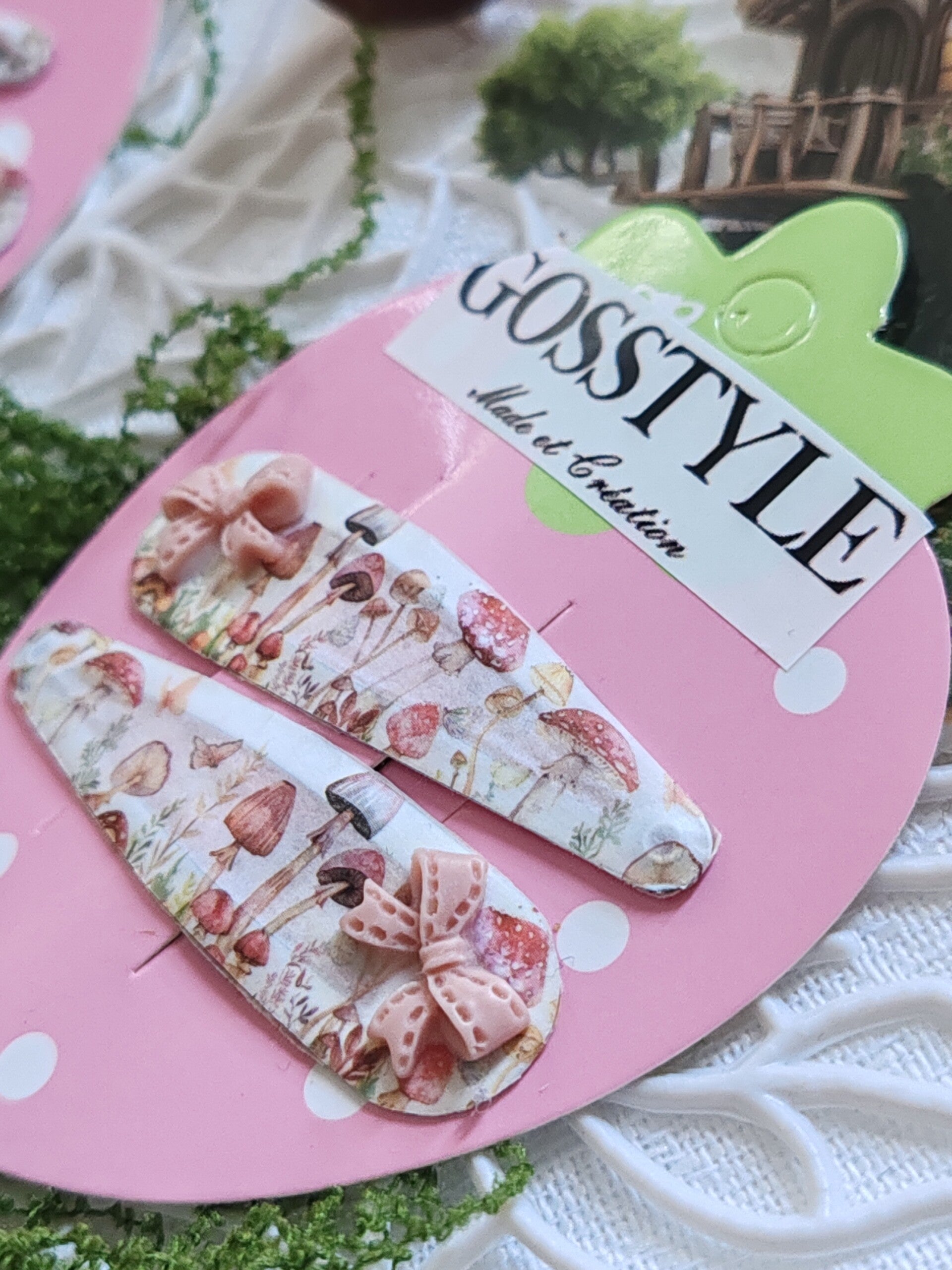 Barrettes champignon nœud rose