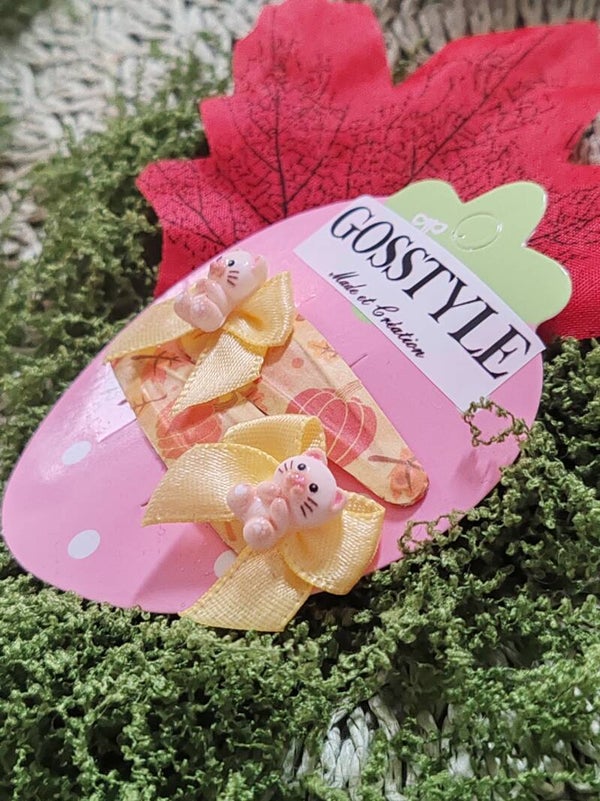 Barrettes feuille et citrouille D'automne nœud jaune et son chat beige