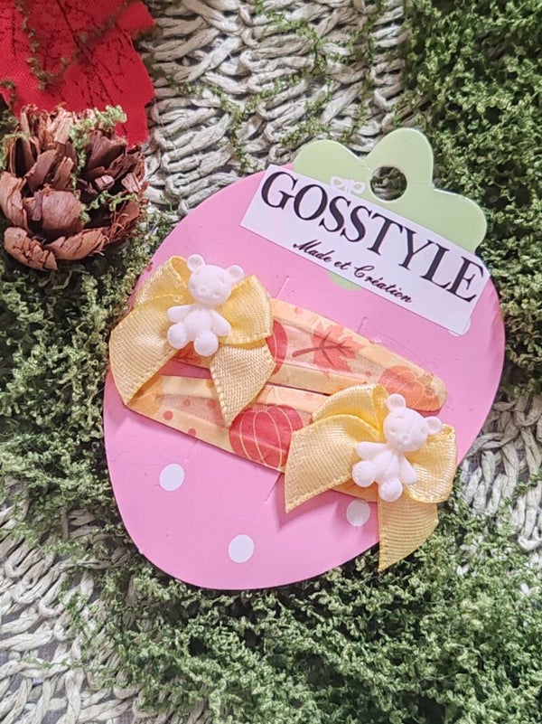 Barrettes nœud jaune ourson blanc