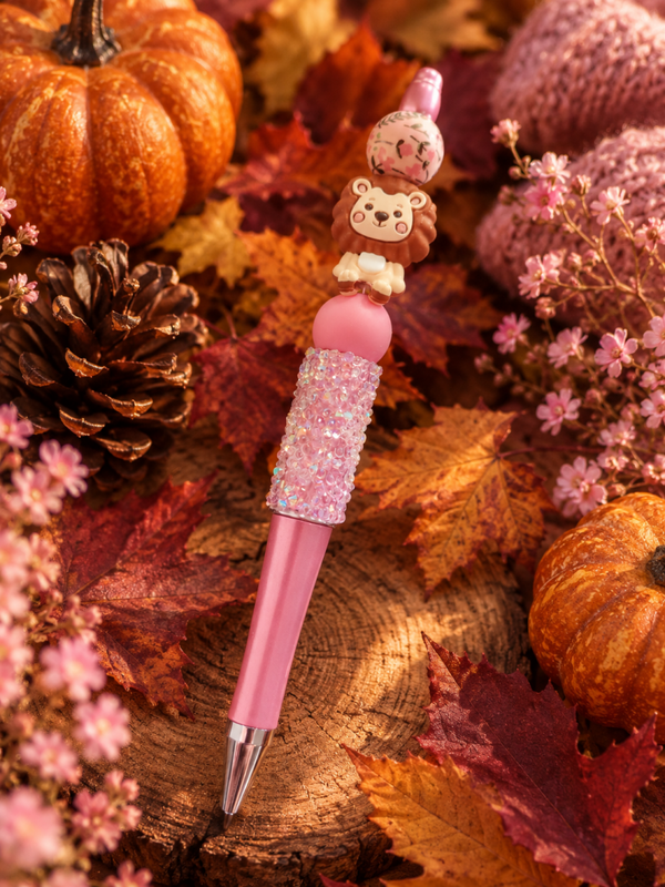 Stylo rose pailleté lion
