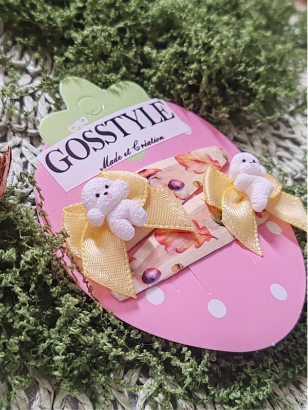 Barrettes Automnale nœud jaune avec son chien blanc