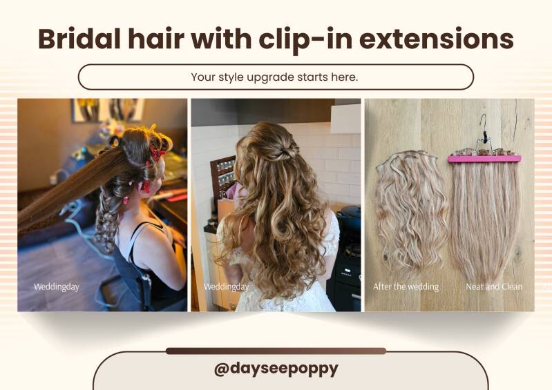 Bruidskapsel met clip-in hairextensions tijdens en na de trouwdag, verzorgd door bruidsstyliste Daysee Poppy in Zoetermeer.