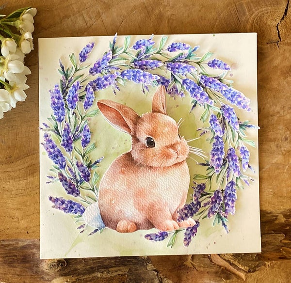 Lavendelliefje – handgemaakte kaart met aquarelkonijn