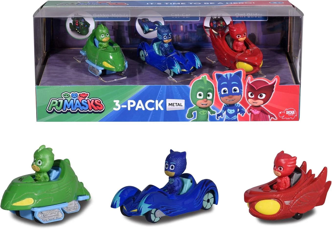 PJ Mask Set 3 Auto in Metallo Colorate 10 cm con Personaggi Action Figure Jada