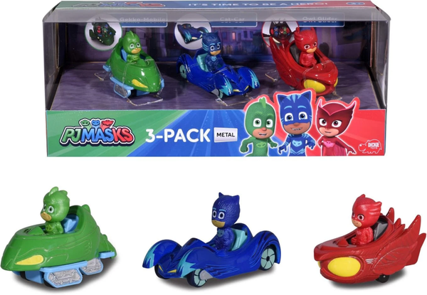 PJ Mask Set 3 Auto in Metallo Colorate 10 cm con Personaggi Action Figure Jada