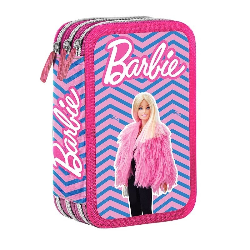 Astuccio Scuola 3 Zip Barbie 3D Rosa Glitterato Portapenne Matite Pastelli Nuovo