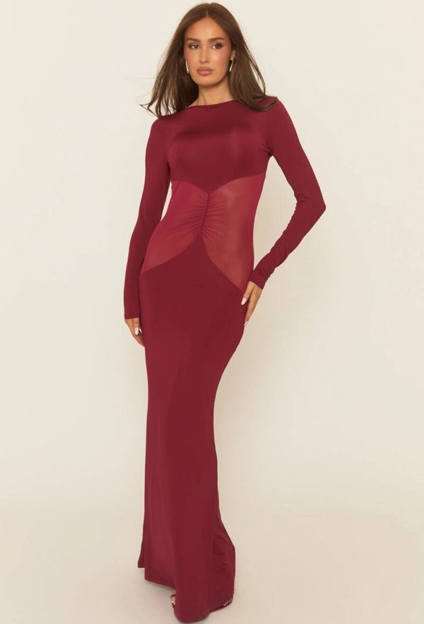 Burdungy Long Sleeve Mesh Insert Bodycon Dress