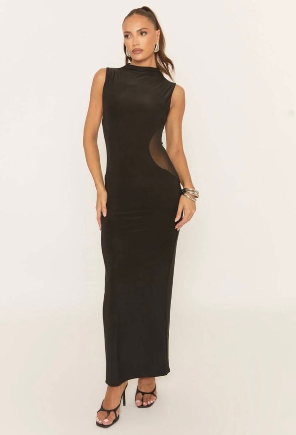 High Neck Mesh Insert Slinky Maxi Dress