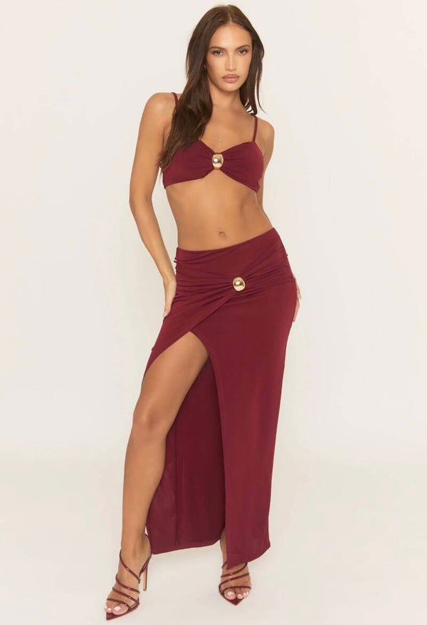 Gold Detail Bralet Top And Split Maxi Skirt Co-ord
