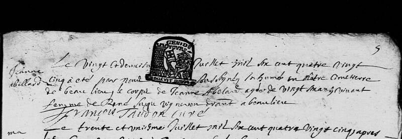 Inhumation Jeanne ABELLARD 1685