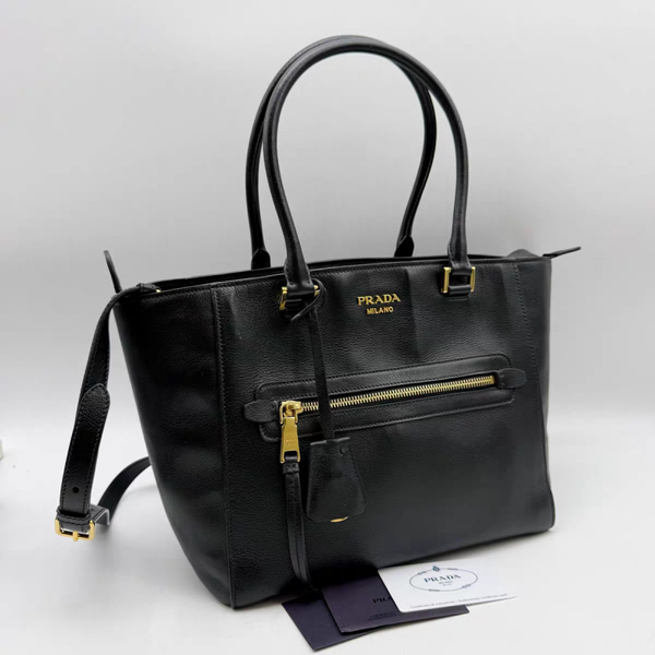 Brand: Prada Prada Twins Pocket Black Medium Glace Calf Leather Tote Shoulder Bag 1Bg227