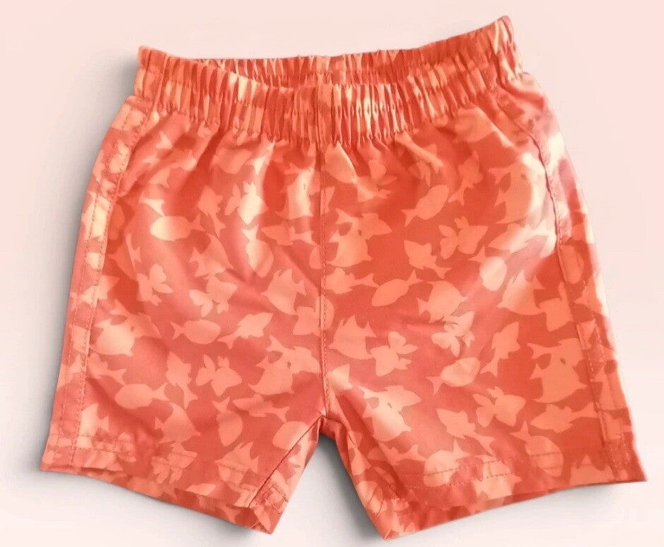 Short de bain couleur orange/corail motif poisson, 6 mois.