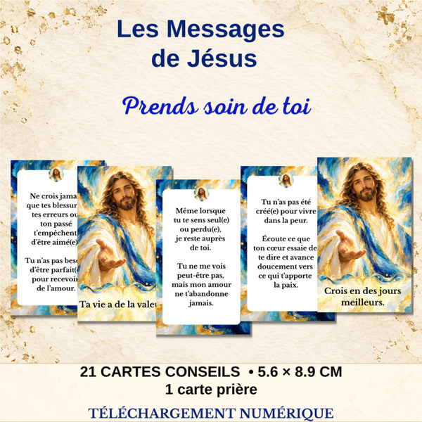 21 Messages de Jésus à imprimer | Oratoire numérique chrétien | Cartes conseils et prière | Prends soin de toi PDF | Cadeau religieux