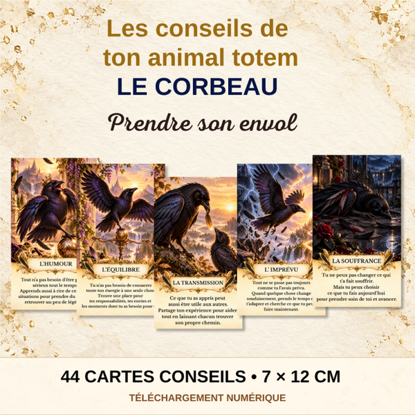 Jeu de cartes Corbeau à imprimer, 44 conseils animal totem, cartes de guidance PDF JPG, téléchargement numérique, tirage du jour messages