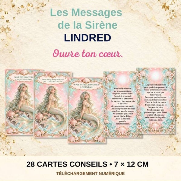 Jeu de 28 cartes Sirène à imprimer – Lindred | Cartes conseils amour & relations | Introspection confiance en soi | PDF + PNG
