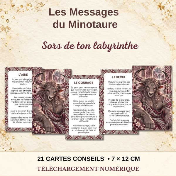 Oracle du Minotaure à imprimer : 21 cartes numériques, comment sortir de ton labyrinthe, message du jour à tirer chaque jour digital