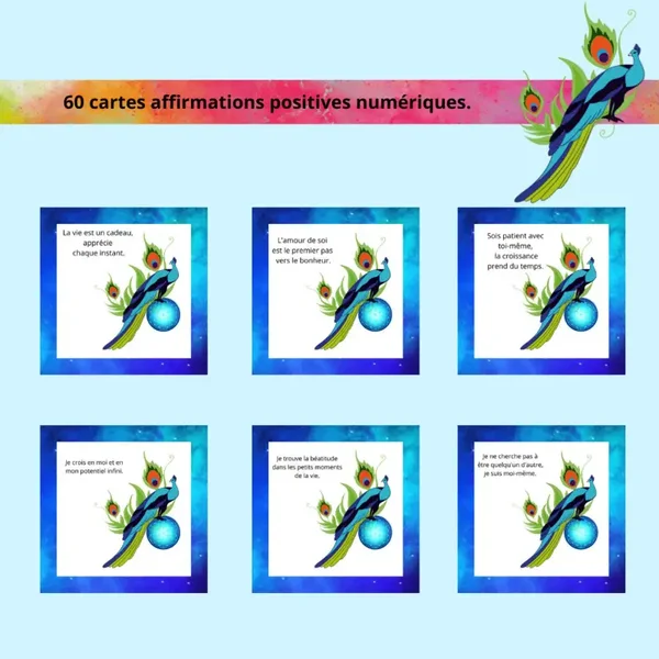 60 cartes numériques et conseils d'affirmation positives inspirées du paon. dessous de verre affirmation pour vos pierres et votre eau.