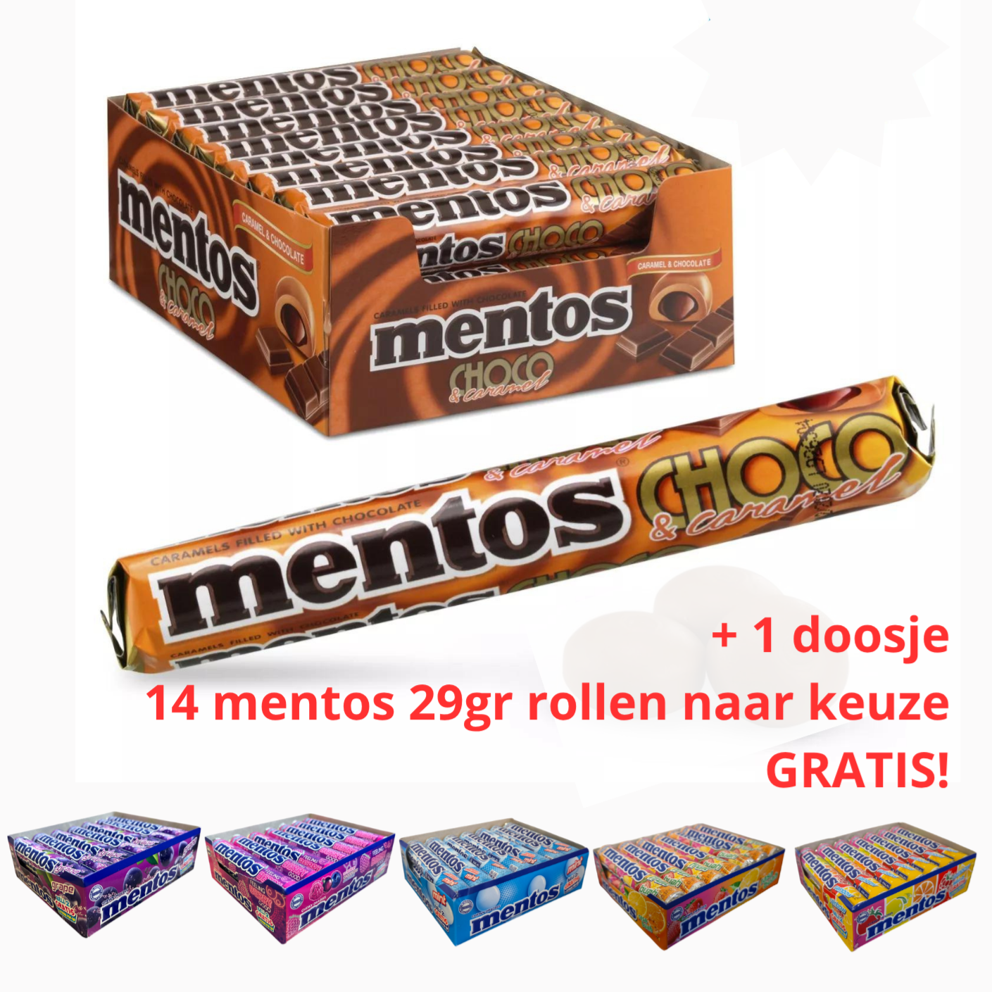 Mentos Choco Caramel doos 18 stuks + GRATIS doosje 14 mentos 29gr rollen naar keuze!