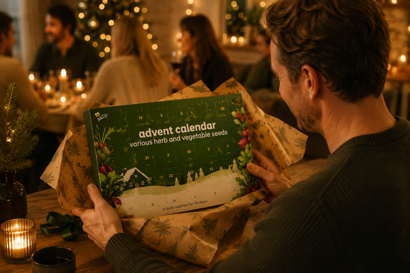 Man pakt moestuin adventskalender uit