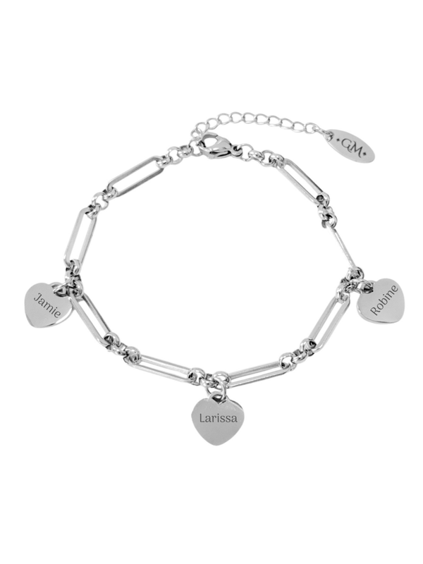 Armband hartjes bedels gepersonaliseerd zilverkleurig