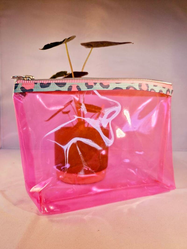 roze neon doorschijnende pennenzak -smiley-