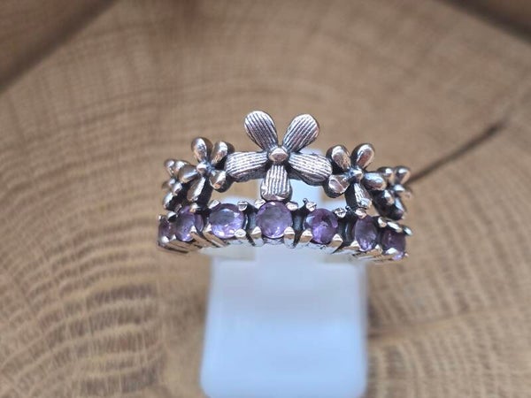 925 zilveren, ring met Amethist bloem, maat 17