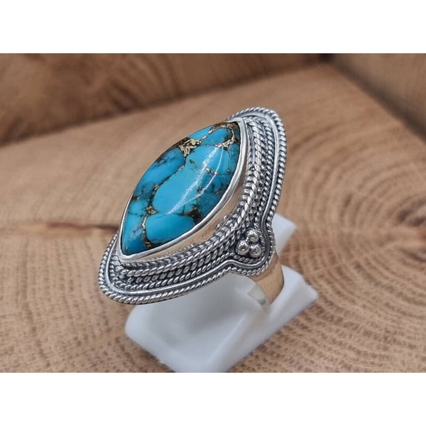 925 zilveren, ring met koper Turquoise bewerkte rand. Maat 18.5