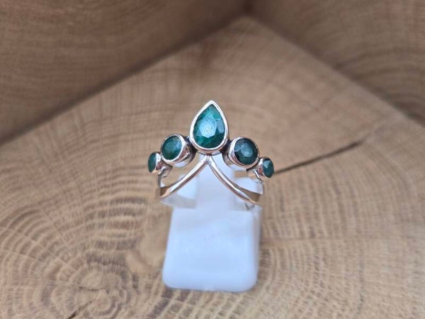 925 zilveren, kroon ring met Smaragd, maat 16.5