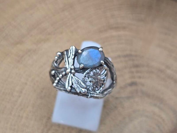 925 zilveren, ring met Labradoriet en libel maat 18.5