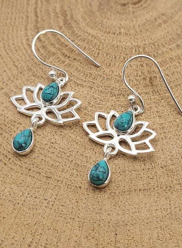 925 zilveren, oorbellen met Turkoois Lotus bloem.