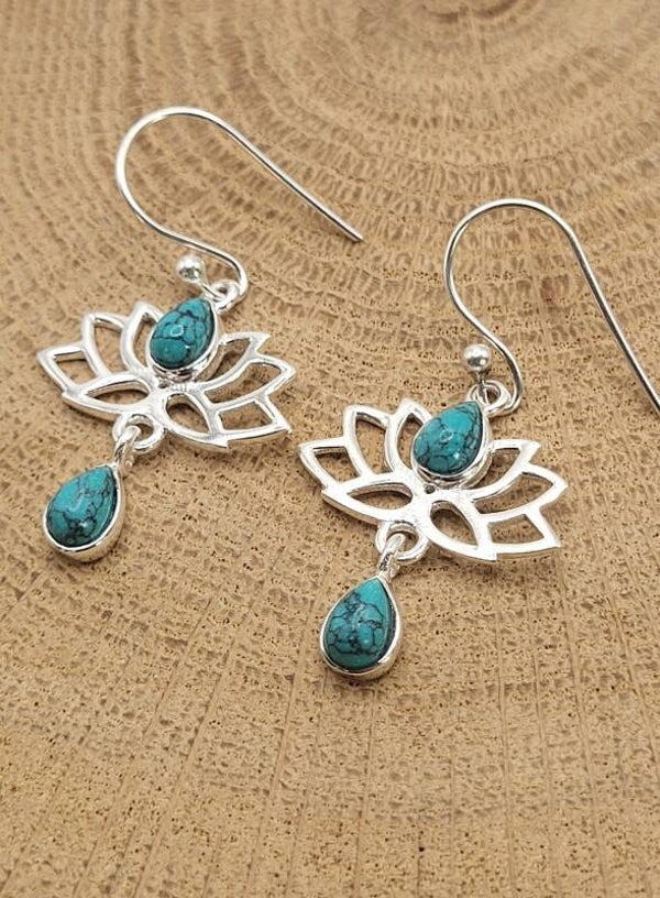 925 zilveren, oorbellen met Turkoois Lotus bloem.