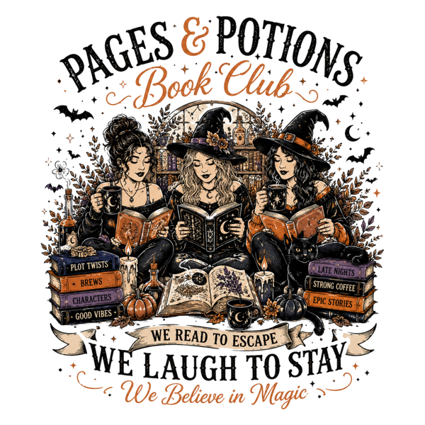 Pages & Potions Book Club we read to Escape we laugh to stay we believe in Magic - Witch Sprüche