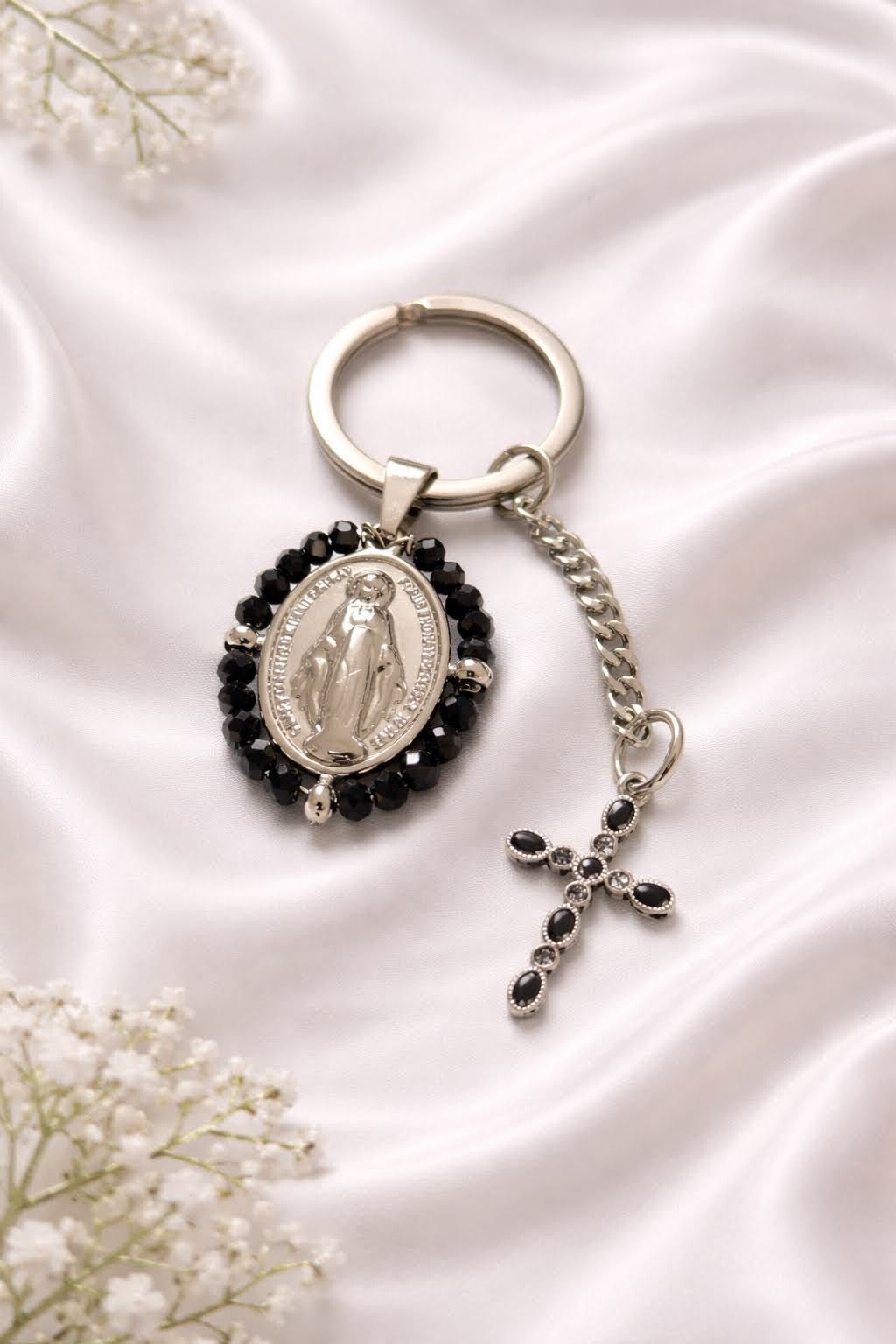 Porte-clé chrétien - Argent cristaux noirs