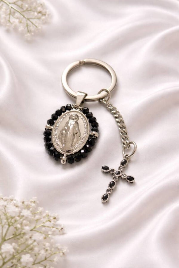 Porte-clé chrétien - Argent cristaux noirs