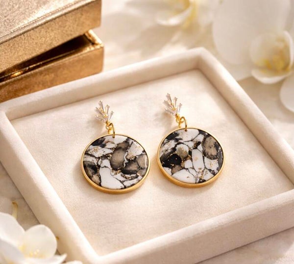 Classy Black, White, & Gold Marble Earrings