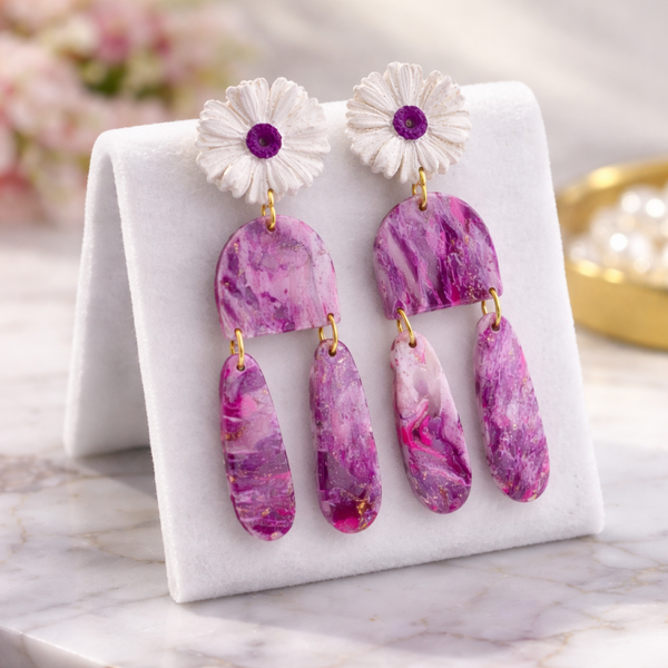 Purple Long Clay Statement Earrings