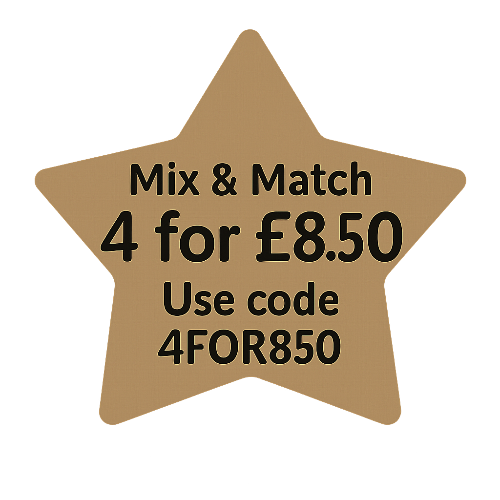 “Brown kraft star highlighting 4 for £8.50 bundle.”