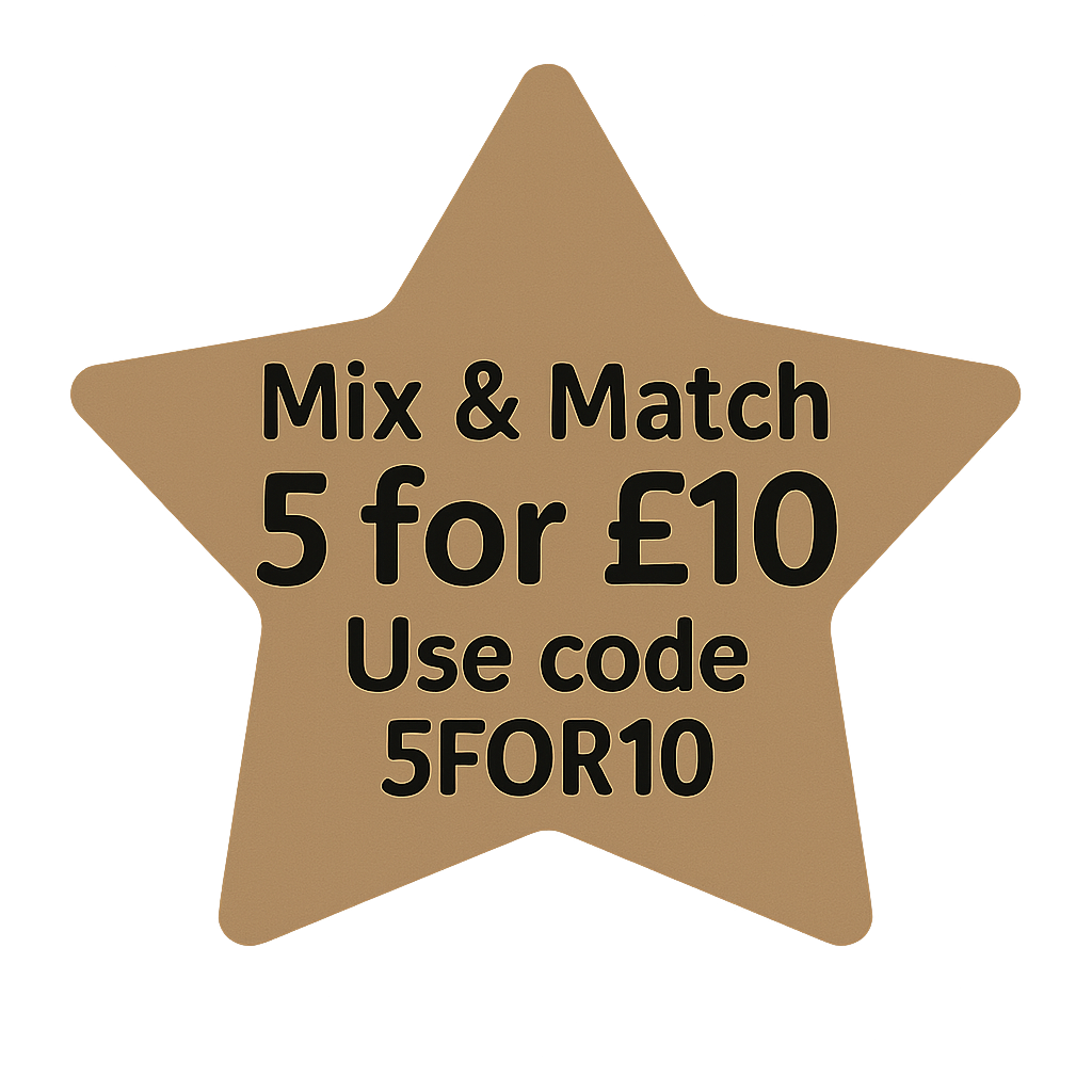 “Brown kraft star highlighting 5 for £10 card bundle.”