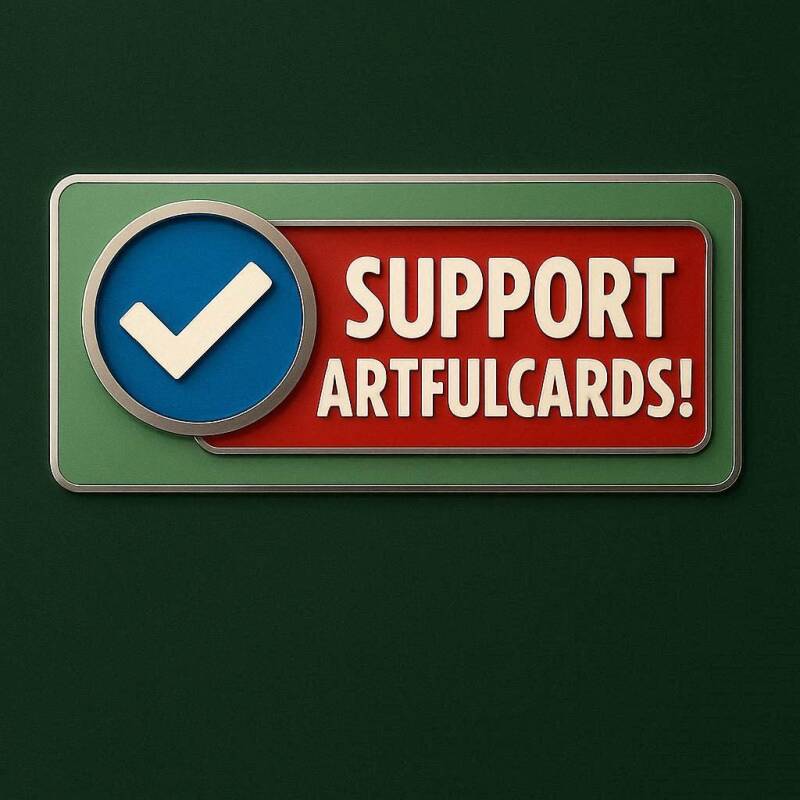 “Red support banner featuring the ArtfulCards name and a white checkmark symbol.”