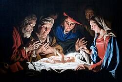 “The Adoration of the Shepherds, 1632 Dutch painting showing shepherds gathered around the newborn Jesus in a dimly lit stable, with warm light highlighting Mary, Joseph, and the infant.”