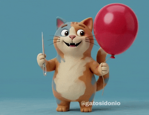 “Cheeky cartoon cat accidentally popping a balloon and reacting with an ‘oh no’ expression.”