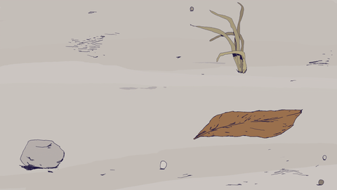“Animated brown leaf gently rolling across a light sandy surface in a breezy scene.”